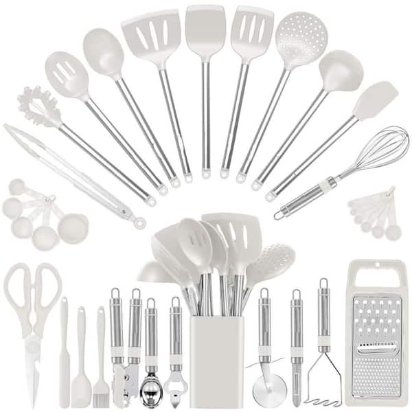 33-Piece White Silicone Cooking Utensils Set with Stainless Steel Handle for Nonstick Cookware, Food grade