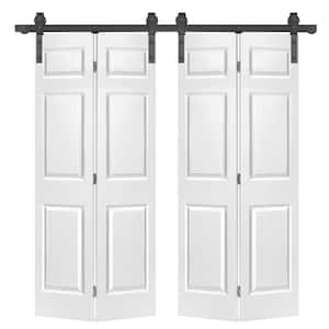 60 in. x 84 in. Hollow Core 6 Panel White Painted MDF Composite Double Bi-Fold Barn Door with Sliding Hardware Kit