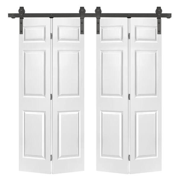CALHOME 72 in. x 80 in. Hollow Core 6 Panel White Composite Double Bi-Fold Barn Doors with Sliding Hardware Kit