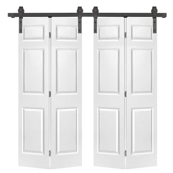 CALHOME 72 in. x 84 in. Hollow Core 6 Panel Primed White Composite Double Bi-Fold Barn Door with Sliding Hardware Kit