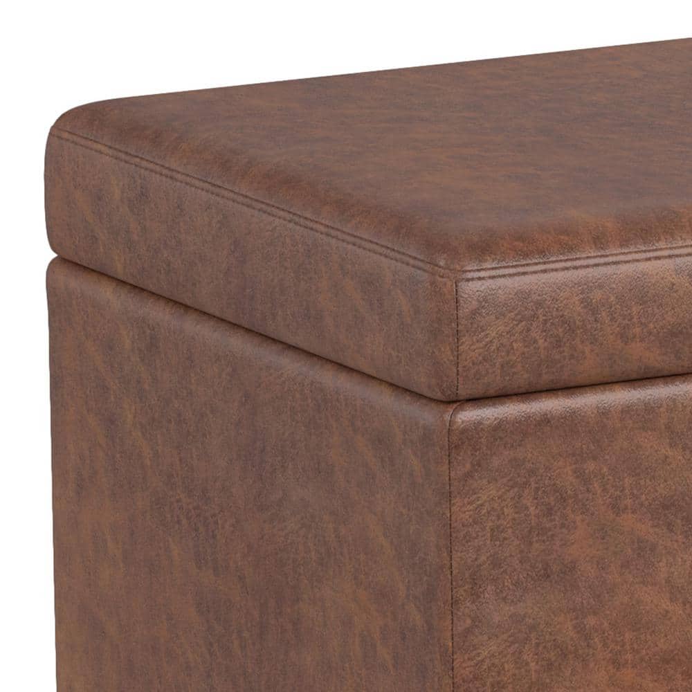 Distressed Saddle Brown Faux Leather Storage Ottoman Bench