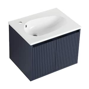 24 in. W x 18.2 in. D x 18.2 in. H Single Sink Floating Bath Vanity in Navy Blue with Drop-Shaped Resin Top Wall Mounted
