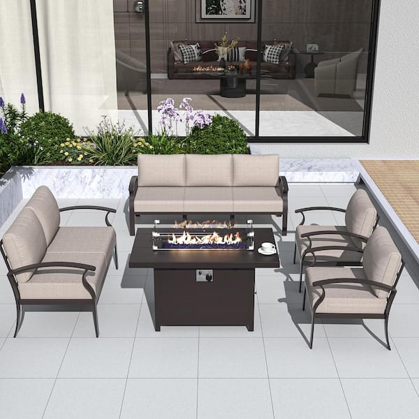 Halmuz 7-Piece Aluminum Patio Conversation Set with Armrest, 55000 BTU Firepit Table and Sand Cushions