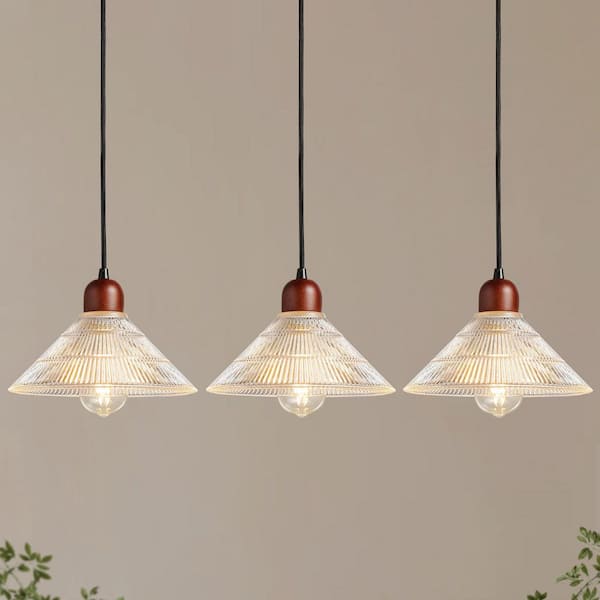 60-Watt 1-Light Walnut Pendant Light with Umbrella-Shaped Glass Shade Modern Hanging Light For Kitchen Island (Set of 3)