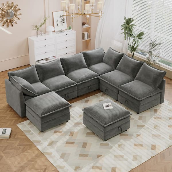 Versatile 126 in. 8-Piece Polyester Modular Sectional Sofa in Gray with Storage, 2 Ottomans