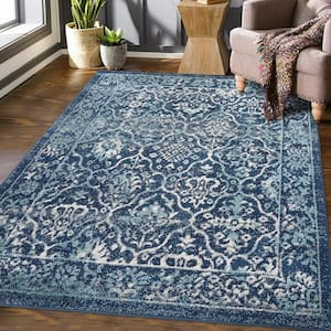 Wilton Vintage 8 ft. x 10 ft. 2" Moroccan Trellis Area Rugs Low Pile Distressed Doormat Non-Shedding Accent Rug in Blue