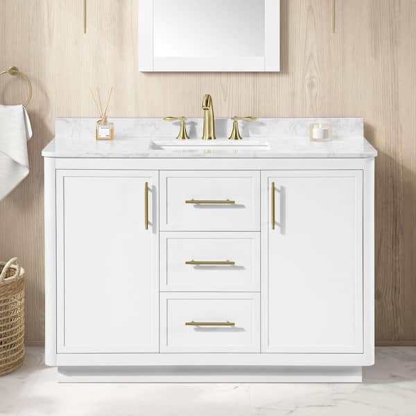 Tamsin 48 in. Single Sink White Bath Vanity with White Round Corner Engineered Marble Top (Assembled)