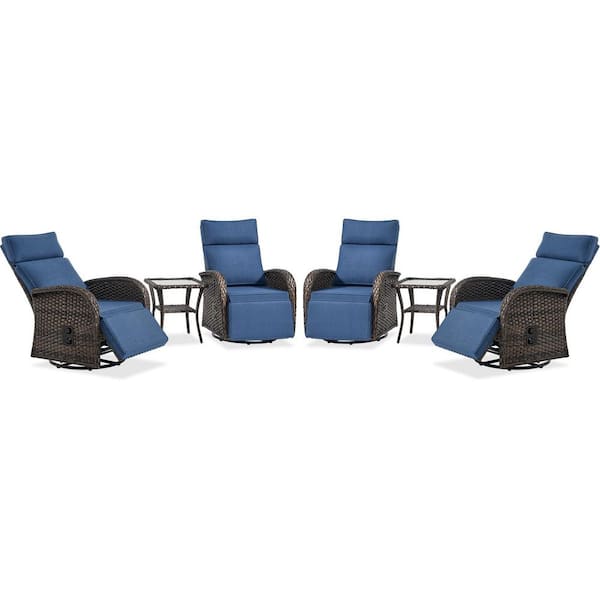 Comfort Series 6-Piece Wicker Patio Versatile Pneumatic Swivel Conversation Set with Blue Cushions