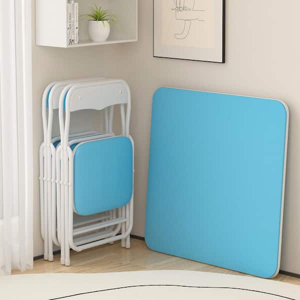 Kids Folding Table and Chair Set, 5-Piece Padded Activity Desk with 4-Chairs, PU Top, for Indoor and Outdoor, Blue