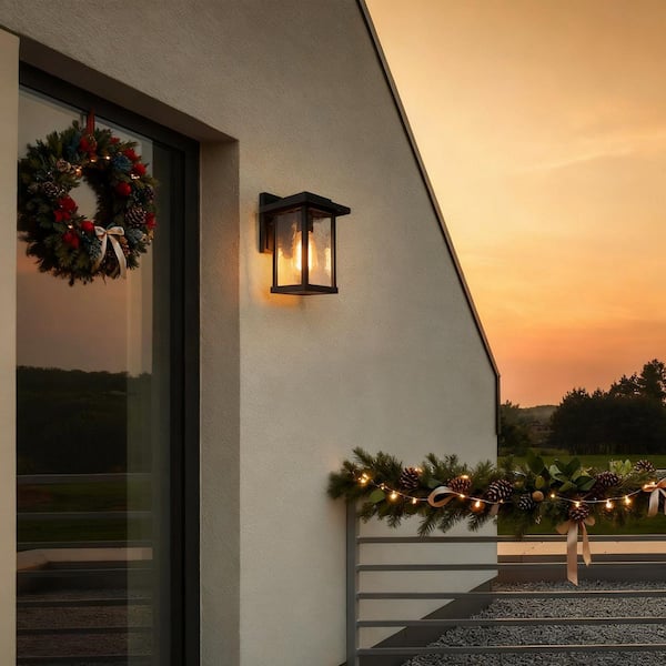 1-Light Black Modern Farmhouse Outdoor Wall Lantern Sconce with Water Glass Shade