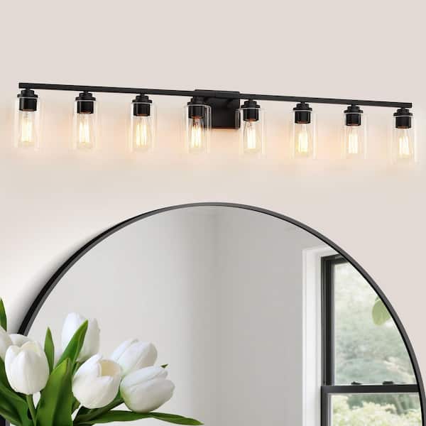 51 in. 8-Light Matte Black Bathroom Vanity Light with Glass Shade