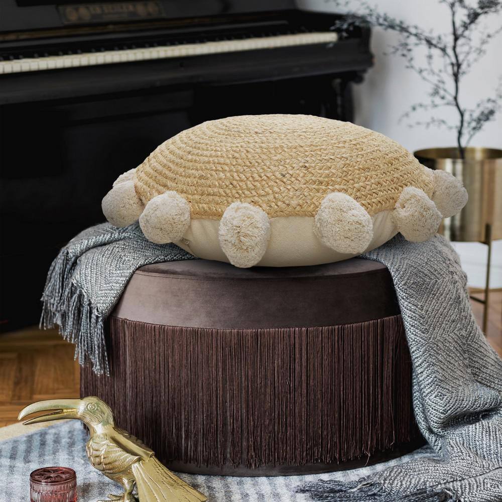 Round Natural Jute Throw Pillow with Pom Pom Border