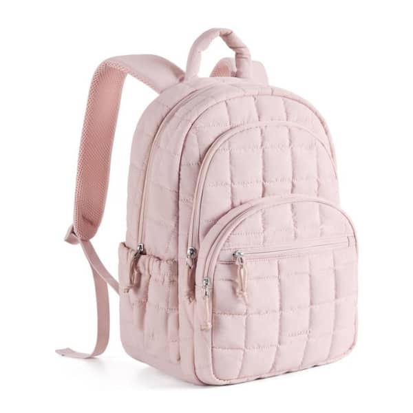 17.3 in. Pink Quilted Laptop Backpack with Water Resistant Fabric, Luggage Strap & 15.6 Inch Padded Laptop Compartment