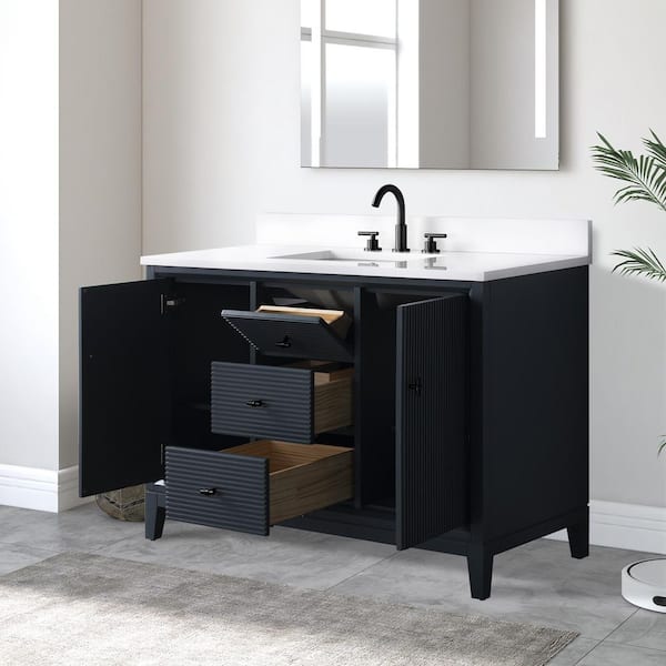 48 in. W x 22 in. D Single Sink Freestanding Vintage Spruce Blue Bath Vanity Cabinet with White Engineered Marble Top