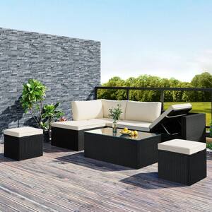 5-Piece Wicker Patio Sectional Seating Set with Ottoman, Coffee Table and Beige Cushions