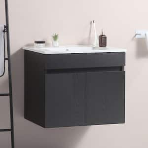 24 in. W Single Sink Floating Black Solid Wood Bath Vanity with White Ceramic Top