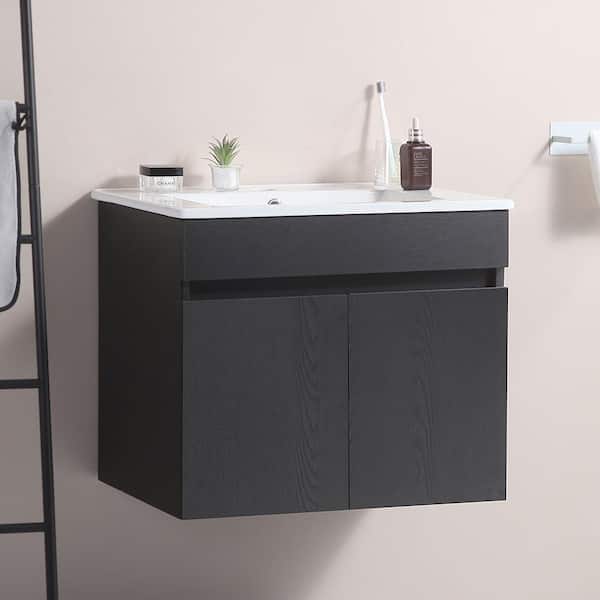 FAMYYT 24 in. W Single Sink Floating Black Solid Wood Bath Vanity with White Ceramic Top