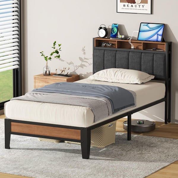 Gray Metal Frame Twin XL Upholstered Platform Bed with Charging Station and Storage Headboard