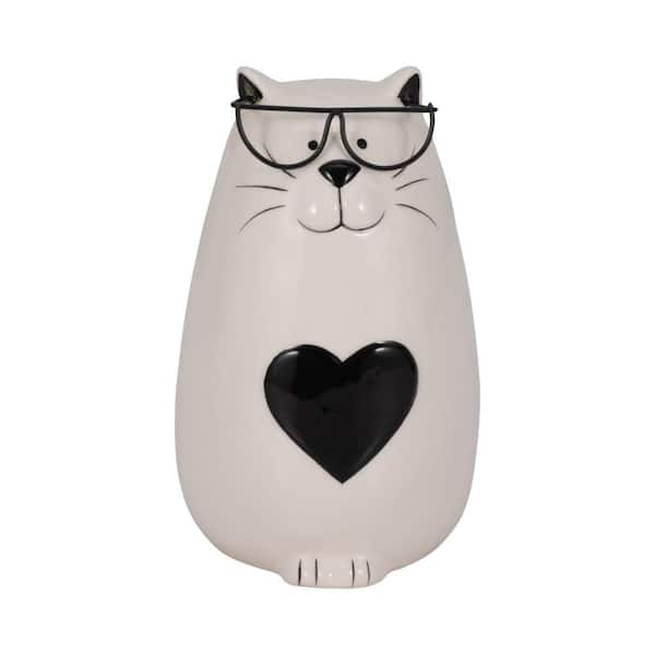 Black 4 in. x 6 in. Stoneware Heart Tummy Kitty with Glasses Figurine