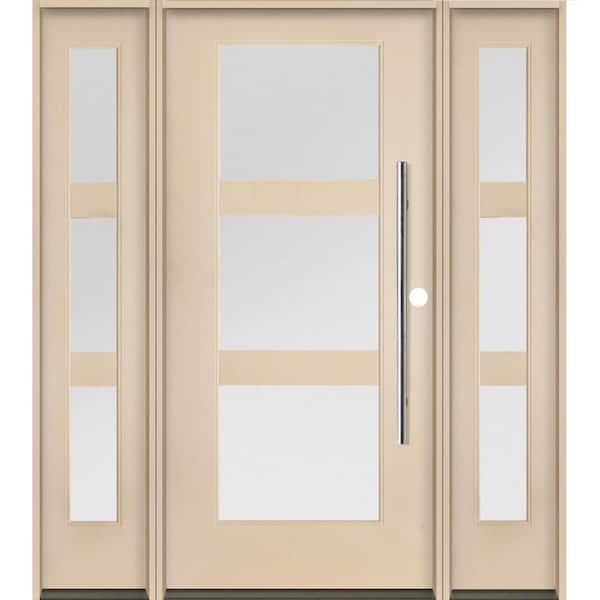 Krosswood Doors Modern Faux Pivot 64 in. x 80 in. 3-Lite Left-Hand/Inswing Satin Glass Unfinished Fiberglass Prehung Front Door with DSL