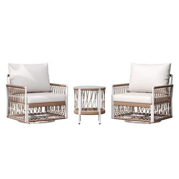 3-Piece Bohemian Wicker Patio Conversation Set with 2 Swivel Chairs and Glass Top Side Table Beige Waterproof Cushions