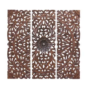 Wood Brown Handmade Intricately Carved Floral Wall Decor with Mandala Design (Set of 3)
