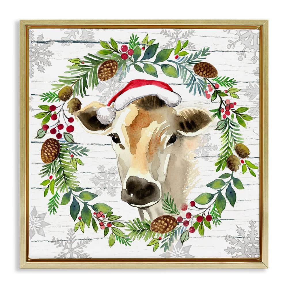 Winter Farmhouse Cow Wreath by Elena Vladykina 1-Piece Gold Floater Frame Graphic Animal Art Print 18 in. x 18 in. price history on PriceWatchPro