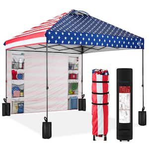 10 ft. x 10 ft. American Flag Easy Setup Pop Up Canopy Portable Tent w/1-Button Push, Side Wall, Case