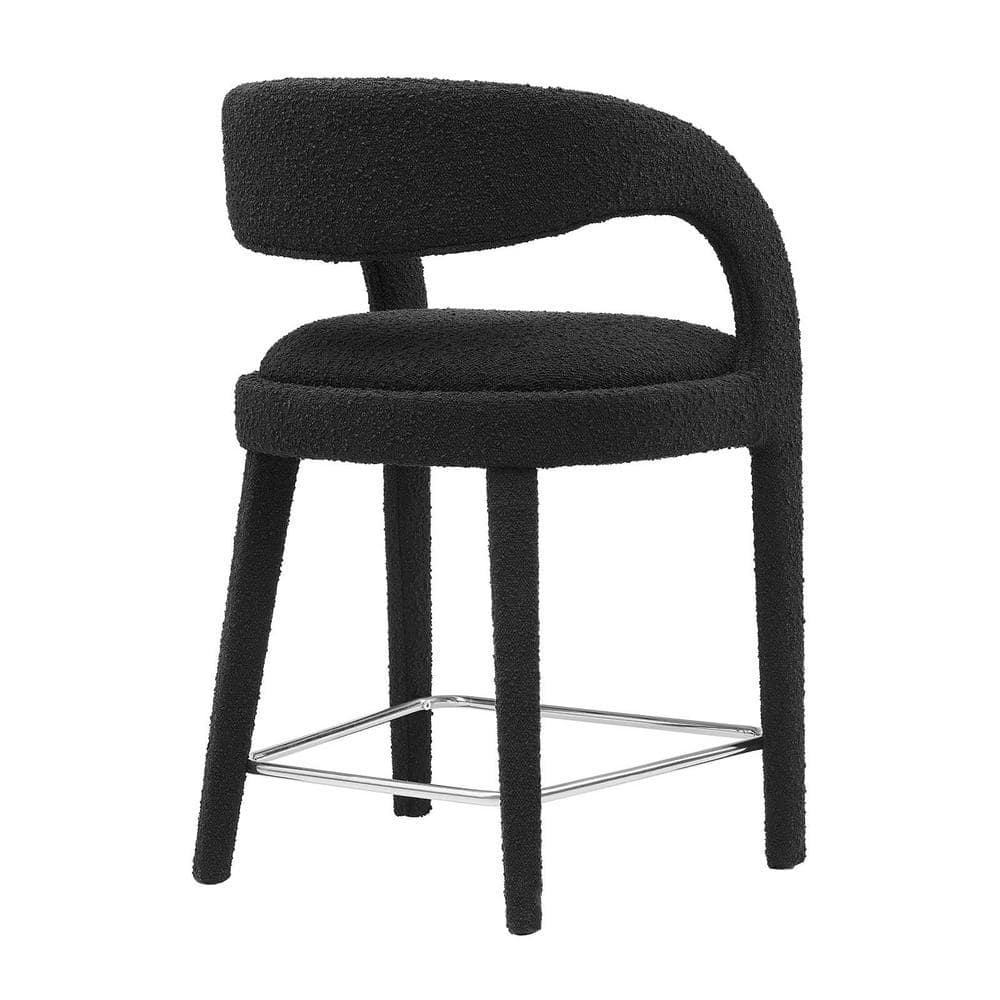 Black Boucle Upholstered Counter Stools with Metal Legs, Set of 2