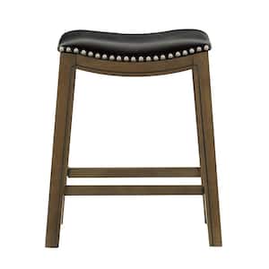 Pecos 25 in. Brown Wood Counter Height Stool with Black Faux Leather Seat