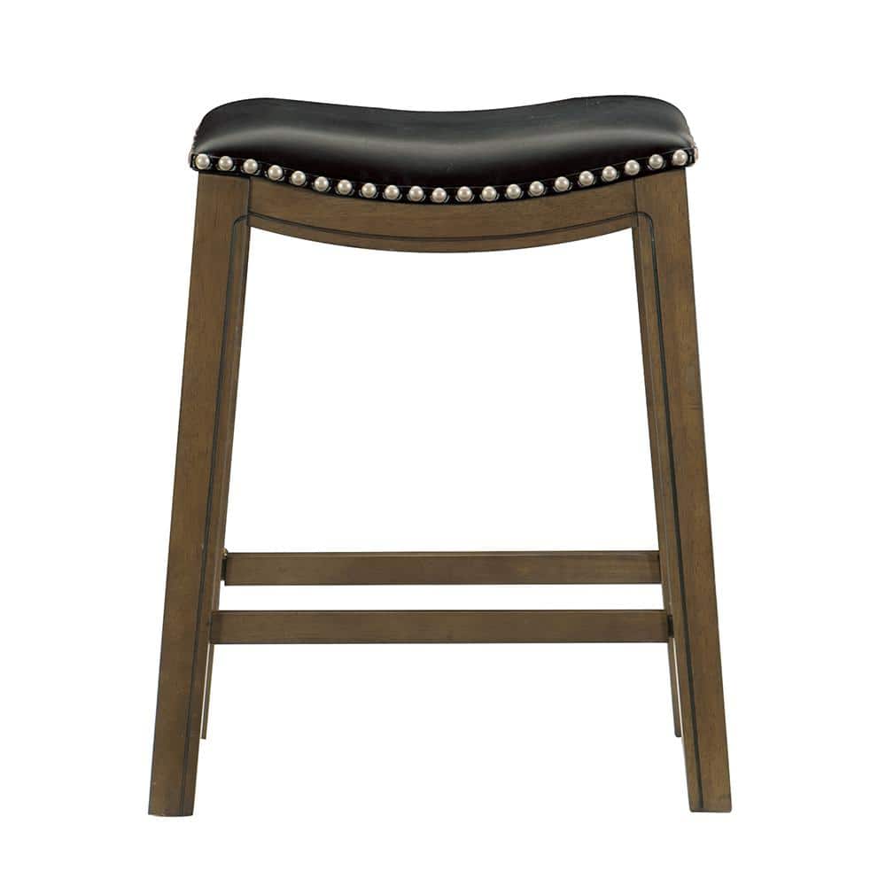 Pecos 25 in. Brown Wood Counter Height Stool with Black Faux Leather Seat