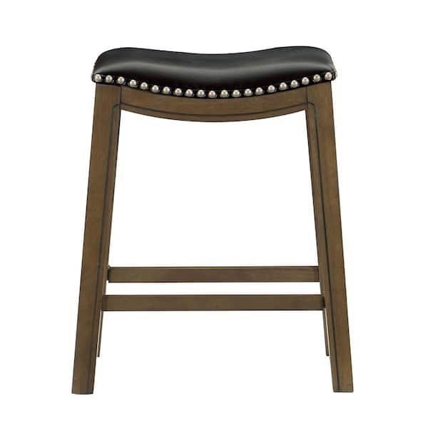 Pecos 25 in. Brown Wood Counter Height Stool with Black Faux Leather Seat