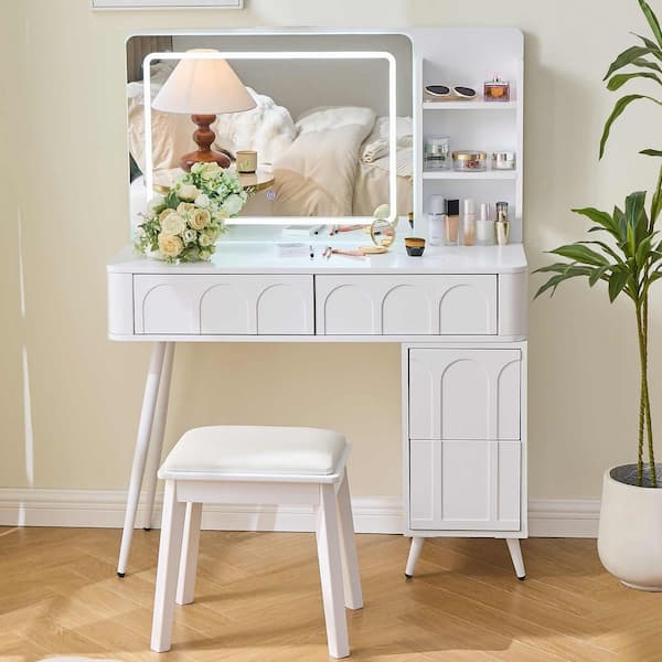 2-Piece White Makeup Vanity Set with Mirror, 4 Drawer, Stool, LED Lights and 3 Colors Dimmable Brightness