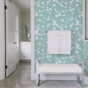 Sakura Turquoise Floral Paper Strippable Wallpaper (Covers 56.4 sq. ft.)