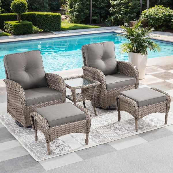 Gymojoy Carlos Gray 5-Piece Wicker Patio Conversation Set Outdoor Swivel Chair Set with Ottomans with CushionGuard Gray Cushions