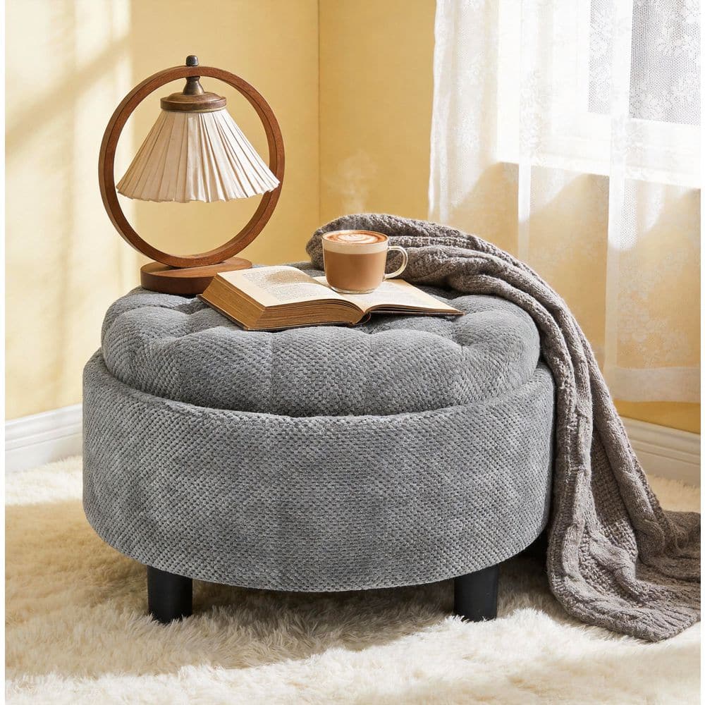 Seafuloy Light Gray Polyester Round Storage Ottoman, Side Table