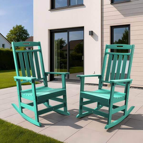 Aruba Blue HDPE Plastic Outdoor Rocking Chair, Porch Deck Rocker, 2 Pack