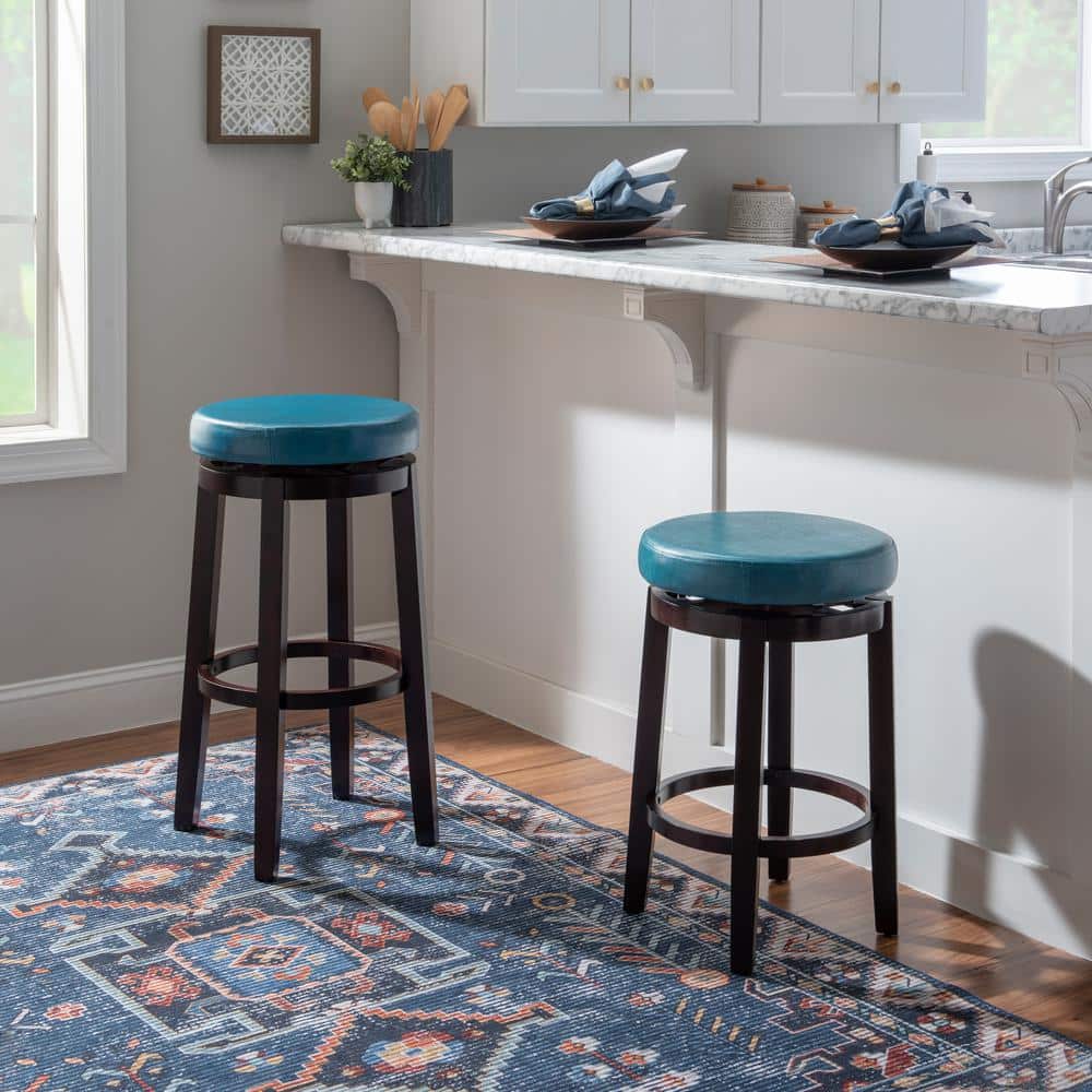 Teal Backless Swivel Wood and Leather Bar Stool