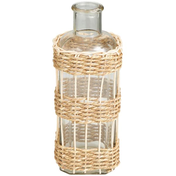 Litton Lane Clear Handmade Glass Decorative Vase with Light Brown Rattan Woven Body