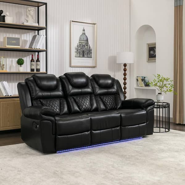 Merax 83.1 in Flared Arm Faux Leather Rectangle Manual Recliner 3 Seat Sofa in. Black with Center Console and LED Light Strip CJ060AAB The Home Depot