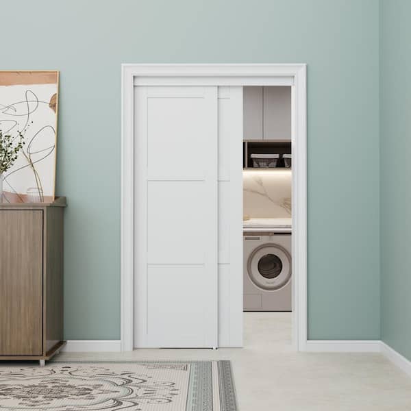 48 in. x 80 in. Paneled 3-Lite White Primed MDF Muti-Design Sliding Door with Hardware