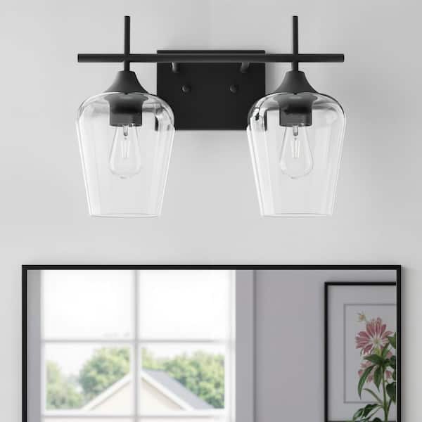 2-Light Matt Black Vanity Light Bathroom with Clear Glass Shades