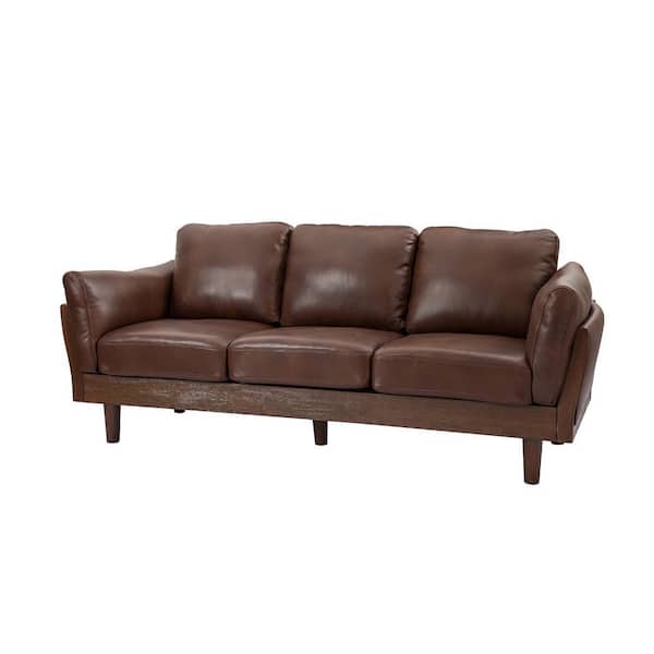 JAYDEN CREATION 81 in. Olenides Brown Genuine Leather Sofa with Solid Wood Legs