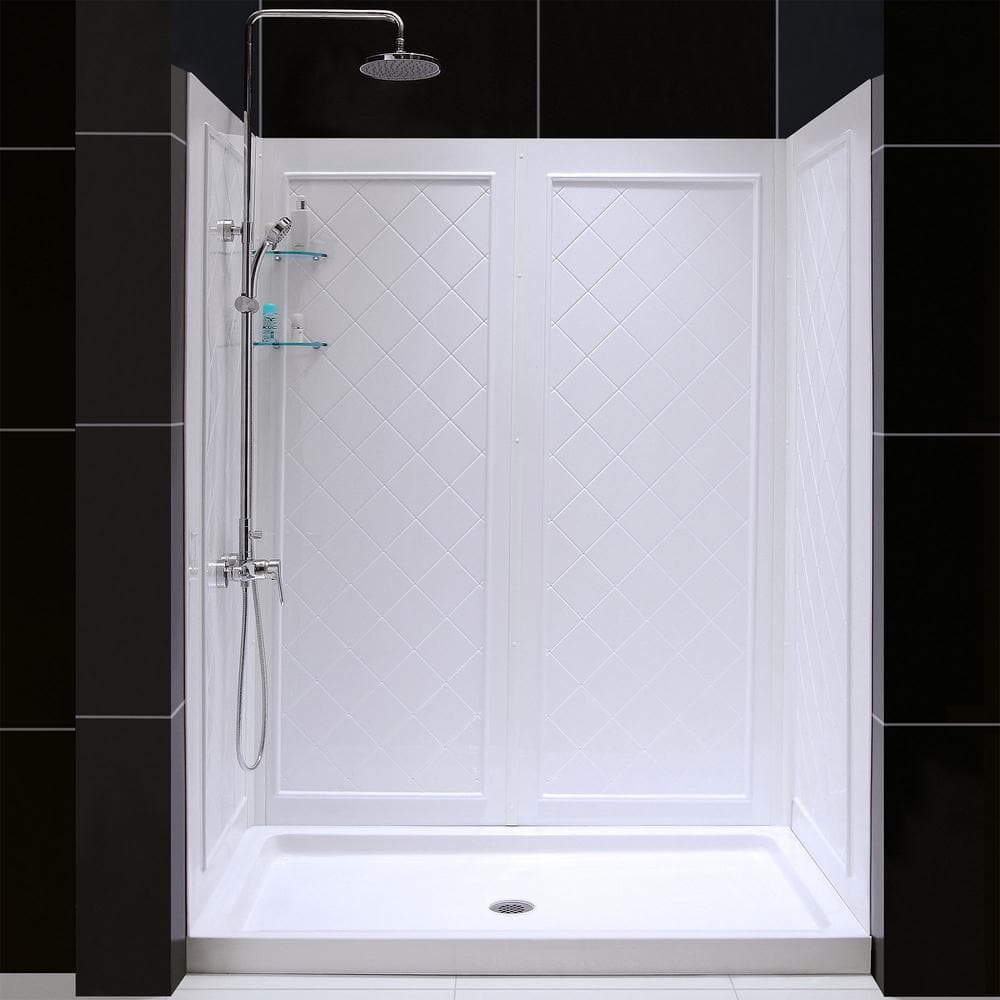 White Acrylic Square Alcove Shower Kit with Center Drain