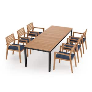 Rhodes 7 Piece Teak Outdoor Patio Dining Set in Spectrum Indigo Cushions with 96 in. Table