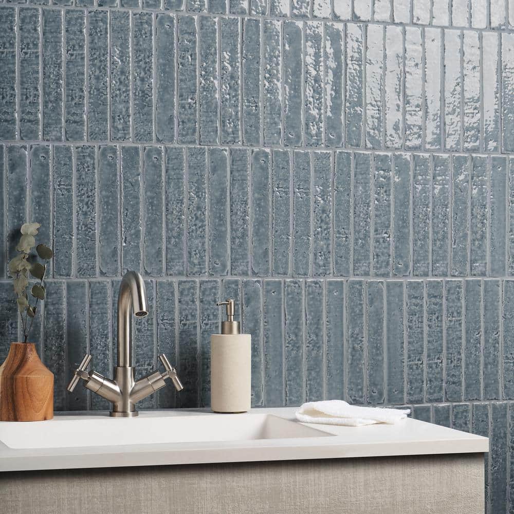 River Blue Glossy Ceramic Subway Wall Tile, 2-in x 9-in