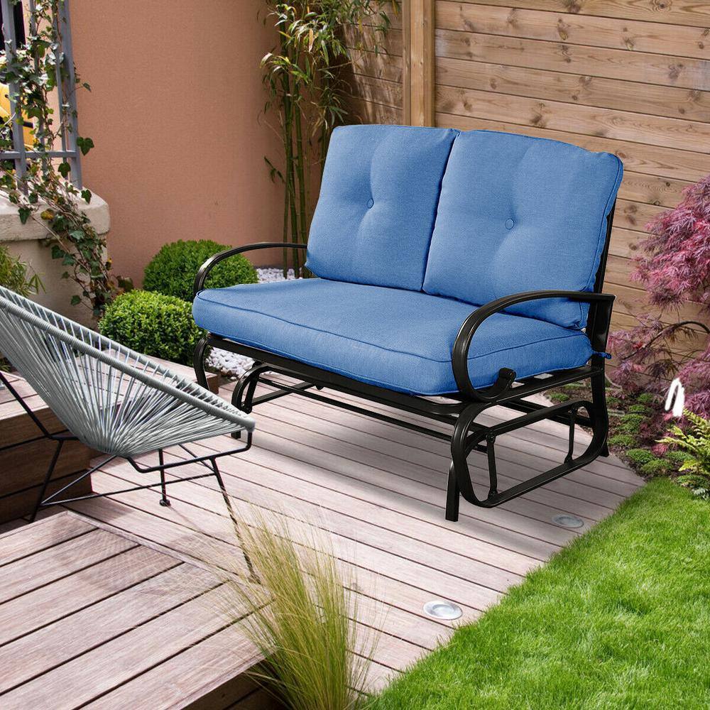 Blue Steel Outdoor Patio Rocking Bench Loveseat with Cushions