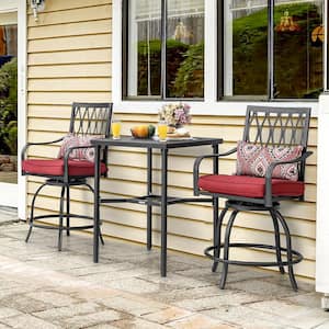 Black 3-Piece Metal Square Table Bar Height Patio Outdoor Dining Set Bar Set with Red Cushions