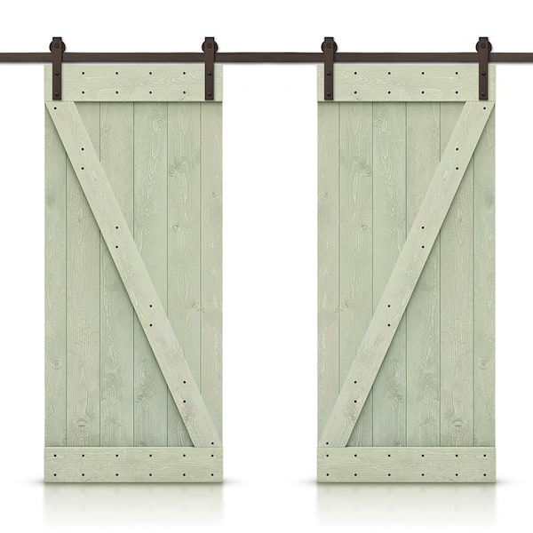 CALHOME Z Bar 84 in. x 84 in. Pre-Assembled Ocean Blue Stained Wood Interior Double Sliding Barn Door with Hardware Kit