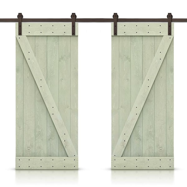 CALHOME Z Bar 60 in. x 84 in. Pre-Assembled Sage Green Stained Wood Interior Double Sliding Barn Door with Hardware Kit